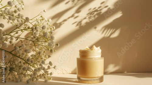 Waterless Skincare, beauty products that are formulated with as little water as possible. Cosmetic jar of waterless cream skincare, chemical free, organic natural, shadows