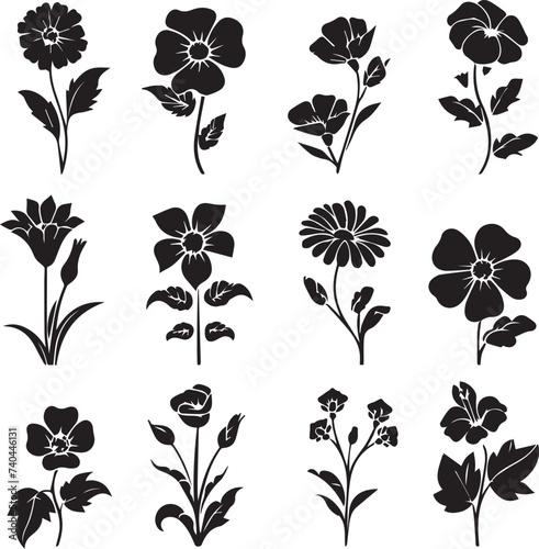 Beautiful Flowers icon set black silhouettes