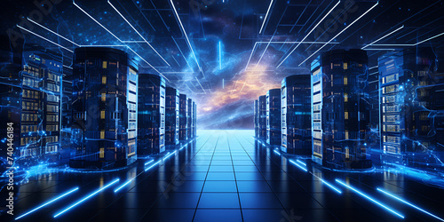 "Dynamic Data Center Infrastructure: Rows of Fully Functional Server Racks Encompassing the Room"