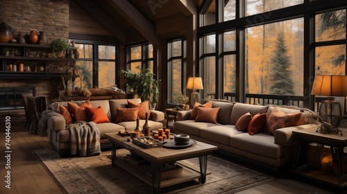 A cozy living room with whispering wheat walls and dark chocolate accent furniture