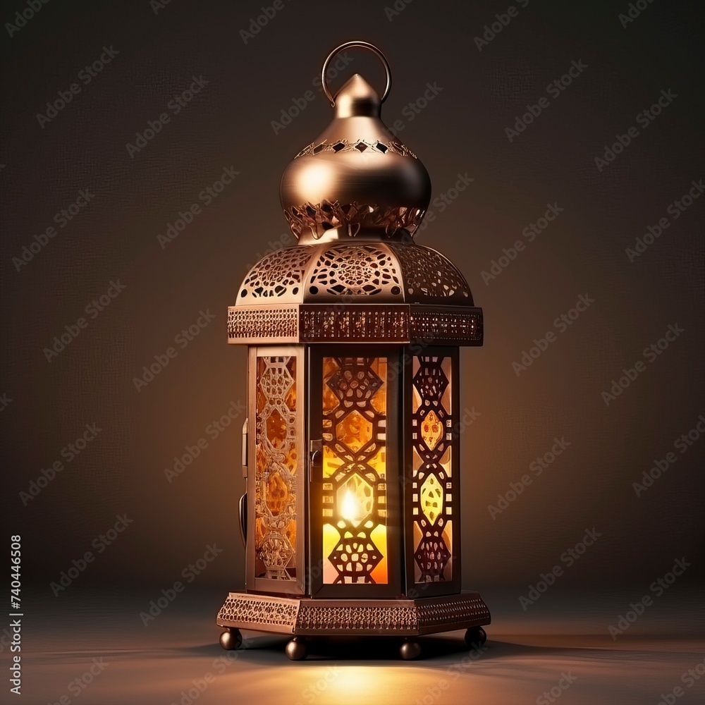 Ornamental Arabic lantern with burning candle, copy space - generative ai Ornamental Arabic lantern with burning candle, copy space - generative ai