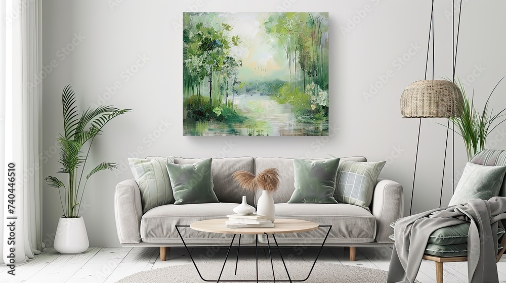 abstract oil painting of a forest landscape in spring, in the style of farmhouse wall art, subtle calmful color palette - obrazy, fototapety, plakaty 