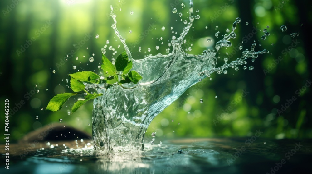 Water splash with green plants and drops. Water splash with green plants and drops.