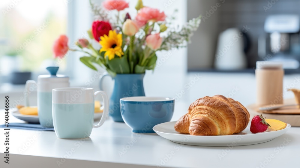Breakfast on the table in the kitchen.