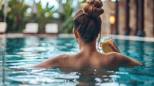 Back view of a woman in swimming pool with a juice glass enjoying scenery with a big empty space, Generative AI. © Electro Unicorn