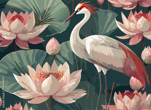 Abstract illustration of a white red-headed crane on a background of pink and cream lotuses. Seamless vector floral pattern. Simple square repeating design for fabric and wallpaper