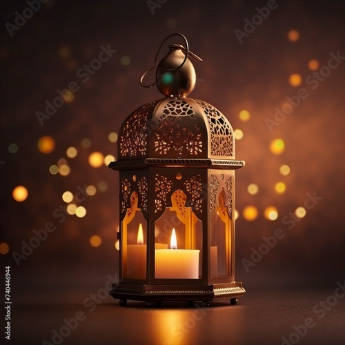 Ornamental Arabic lantern with burning candle, copy space - generative ai