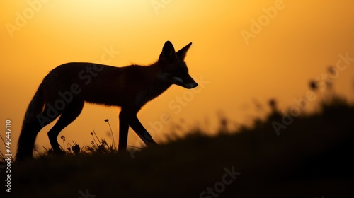 Silhouette of fox on sunset sky.