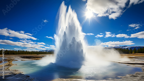 The Majestic Show of Power and Beauty: A Lone Geyser Erupting into the Clear Blue Sky