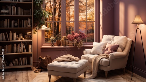 A cozy reading nook with light champagne built-in bookshelves and a rich merlot reading chair