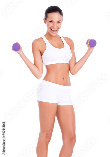 Portrait, excited woman and dumbbells for workout, exercise or training in studio isolated on a white background. Fitness, smile and strong person weight lifting for muscle, wellness or body health