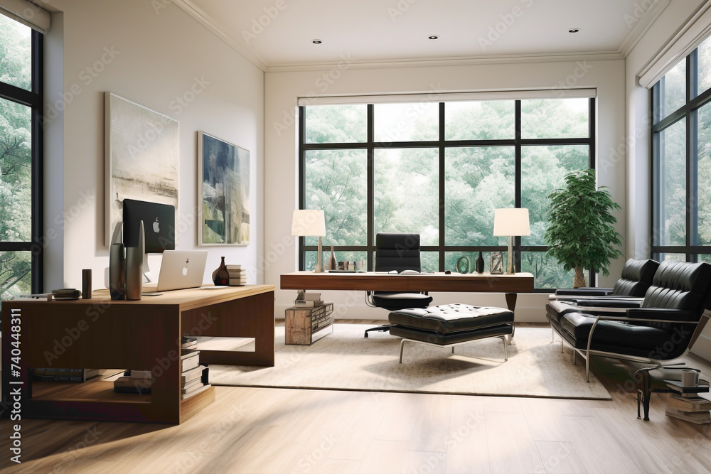 A simple, airy office design with carefully curated splashes of rich, deep colors set against a predominantly neutral backdrop.