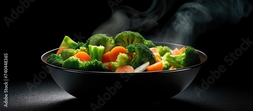 Delicious vegetables broccoli, carrots, asparagus beans, steamed peppers served on a plate photo