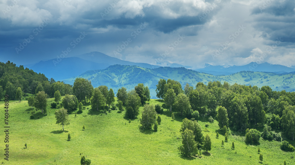 View of a summer day in the mountains, green meadows, mountain slopes and hills, countryside	