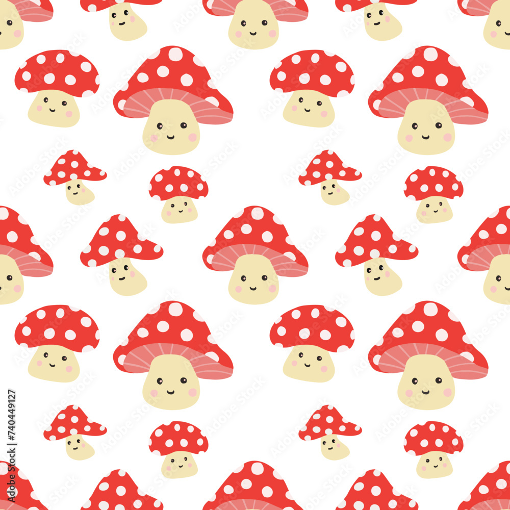 Mushroom Cartoon Seamless Pattern in Nature: Vector Illustration of Cute Autumn Design, Toadstool Decoration, Summer Forest Fungus, Red Mushrooms, Grass Texture, Agaric Fruit, Colorful Art