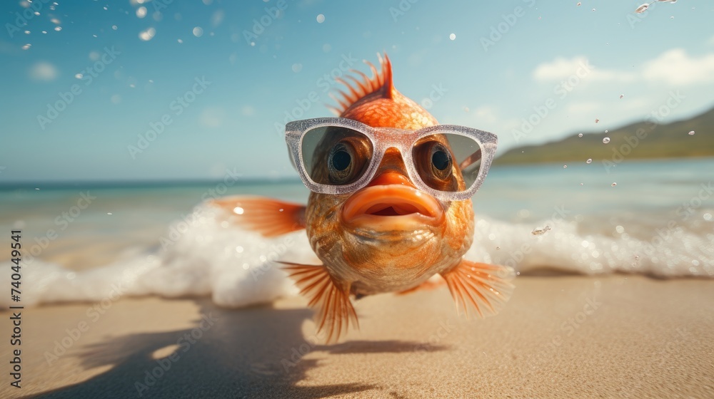 Experience the intensity of an fish leaping onto the beach in a stunning close-up photo, Ai Generated.