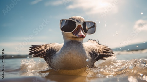 Experience the intensity of an goose leaping onto the beach in a stunning close-up photo, Ai Generated.