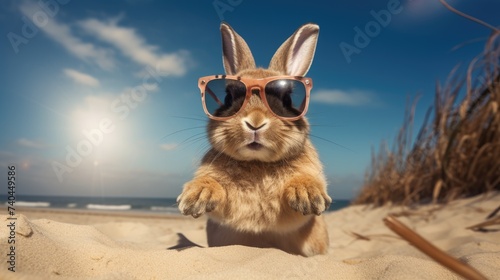 Lively rabbit hops onto the beach, sporting charming sunglasses, a whimsical seaside escapade, Ai Generated.
