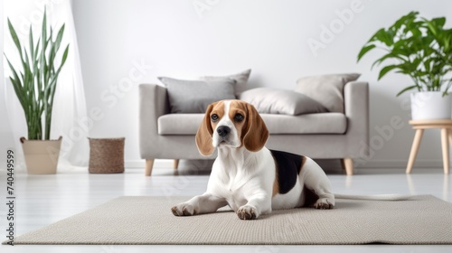 Cute Beagle rests on a white carpet, bringing warmth and charm to the living room, Ai Generated.