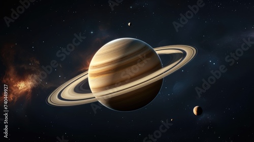 Saturn planets in deep space, adorned with rings and surrounded by moons. Ai Generated