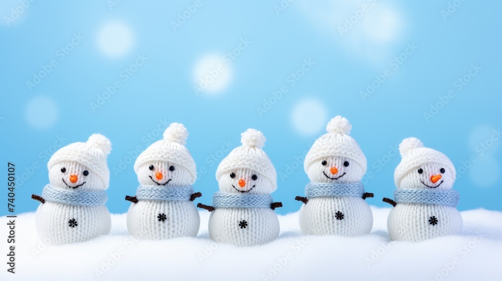 Charming knitted snowmen nestled on soft snow against a serene blue backdrop, evoking winter wonder. Ai Generated. Charming knitted snowmen nestled on soft snow against a serene blue backdrop, evoking winter wonder. Ai Generated.