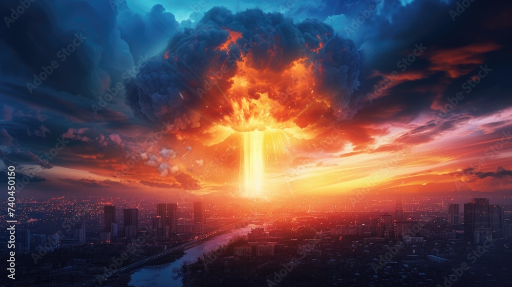 Cataclysmic nuclear explosion transforms day or night into an ominous spectacle, Ai Generated. Cataclysmic nuclear explosion transforms day or night into an ominous spectacle, Ai Generated.
