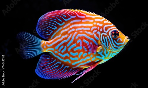 Symphysodon discus fish displays dazzling patterns and colors near vibrant coral reefs, Ai Generated.