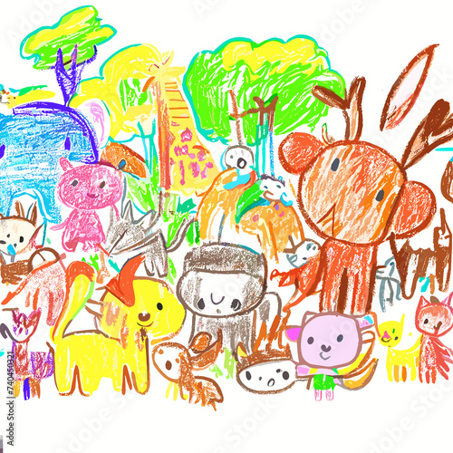 Forest with animals illustration by children 