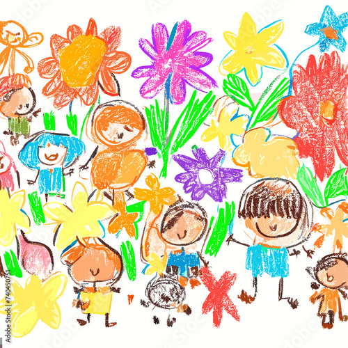 children with flowers pencil color drawing. good for children book