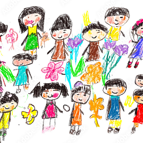 many types of children drawing with colorful crayons
