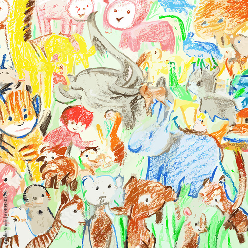 zoo illustration with crayons style by children artwork. good for children book drawing