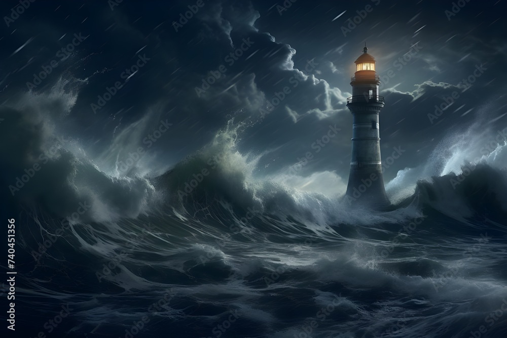 Moonlit lighthouse standing sentinel against the turbulent waves, a beacon of hope.

