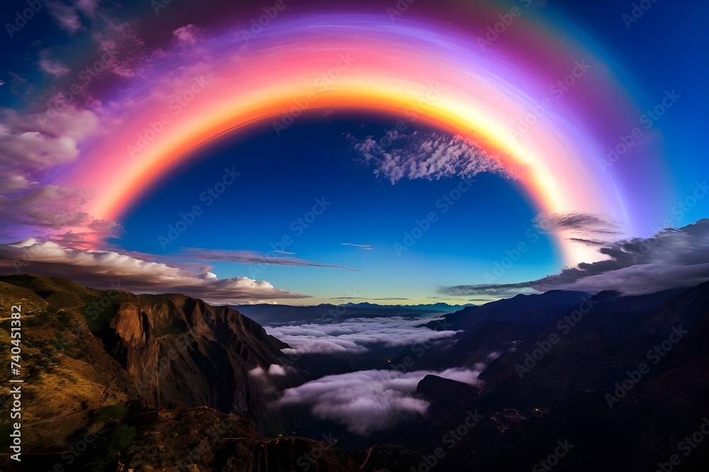 Moonbow stretching across the night sky, a celestial arc of vibrant colors.
