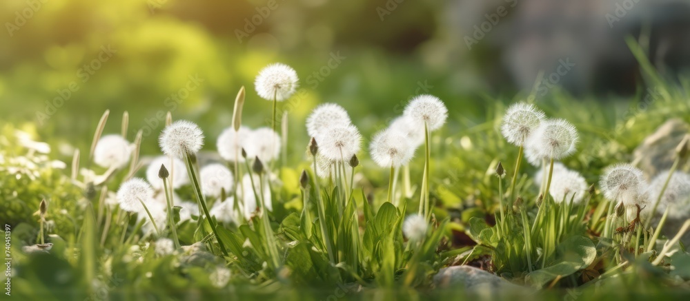 spring in nature with dandelion flowers flying blur background spring in nature with dandelion flowers flying blur background