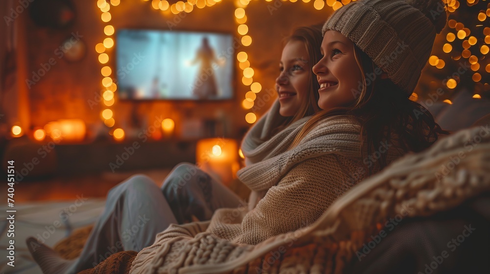 Cozy family movie night at home, showcasing relaxation, bonding, and entertainment. ai