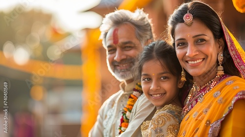 An Indian family dressed in traditional attire celebrates a festival  with smiles and a warm embrace. AI