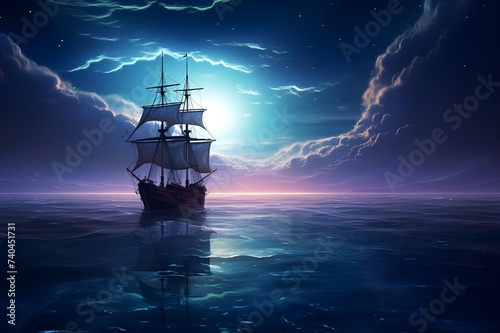 Moonlit sailboat drifting serenely across tranquil waters, guided by celestial light. 