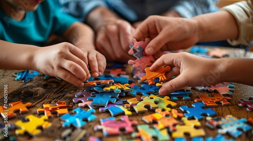 Family Engaged in Fun Puzzle Game Together. A family enjoys quality time together, concentrating on assembling a puzzle, in a cozy indoor setting. ai