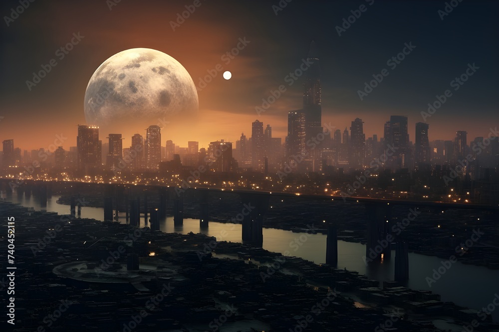 Lunar transit captured against the backdrop of a sprawling metropolis.
