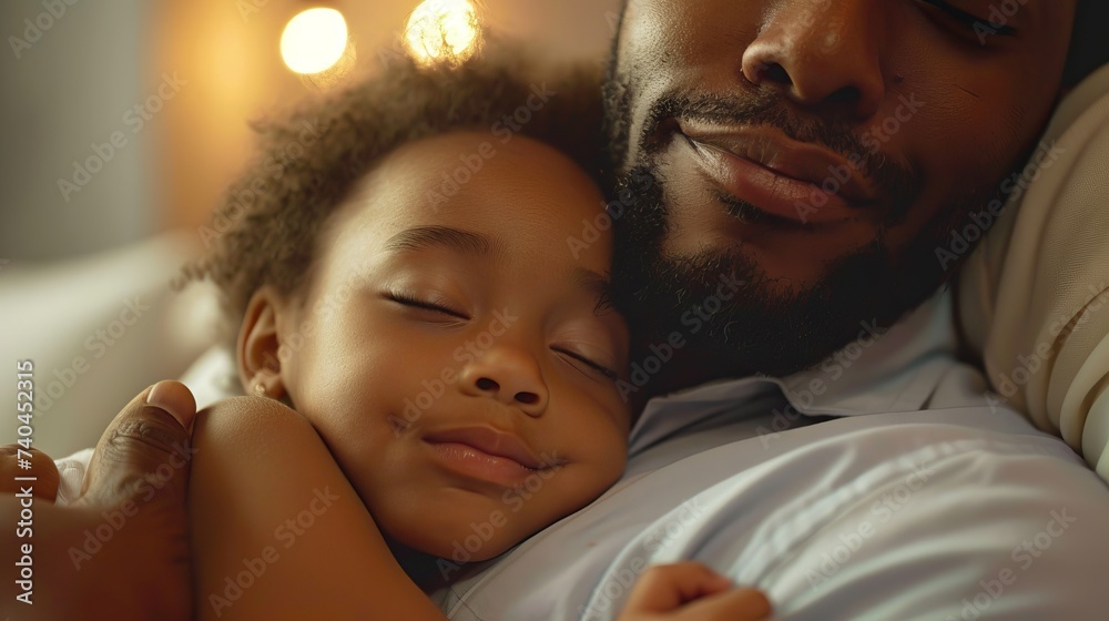A heartwarming scene of a father and his young child cuddling and napping together, showing a strong bond. Quiet bedtime routine with parents tucking children in. ai A heartwarming scene of a father and his young child cuddling and napping together, showing a strong bond. Quiet bedtime routine with parents tucking children in. ai