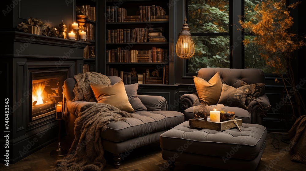A cozy reading nook with pale gold built-in bookshelves and a deep bronze reading chair