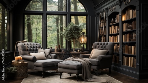 A cozy reading nook with soft gray built-in bookshelves and a deep charcoal reading chair