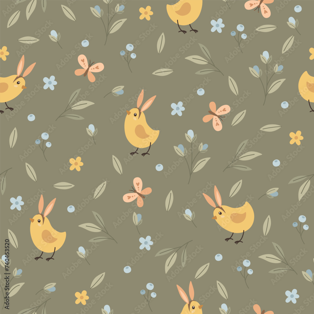 Seamless pattern with Easter chicks and spring flowers. Vector illustration