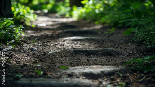 Close-up view of a forest trail with exposed roots and sunlight filtering through the foliage, inviting a sense of adventure and exploration.