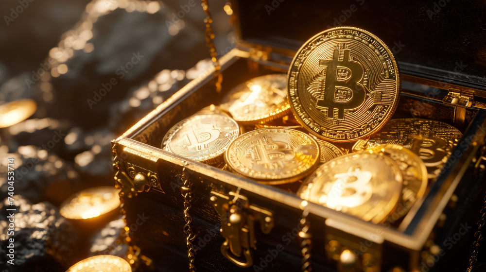 Bitcoin in the Treasure Chest, valuable of digital currency bitcoin.