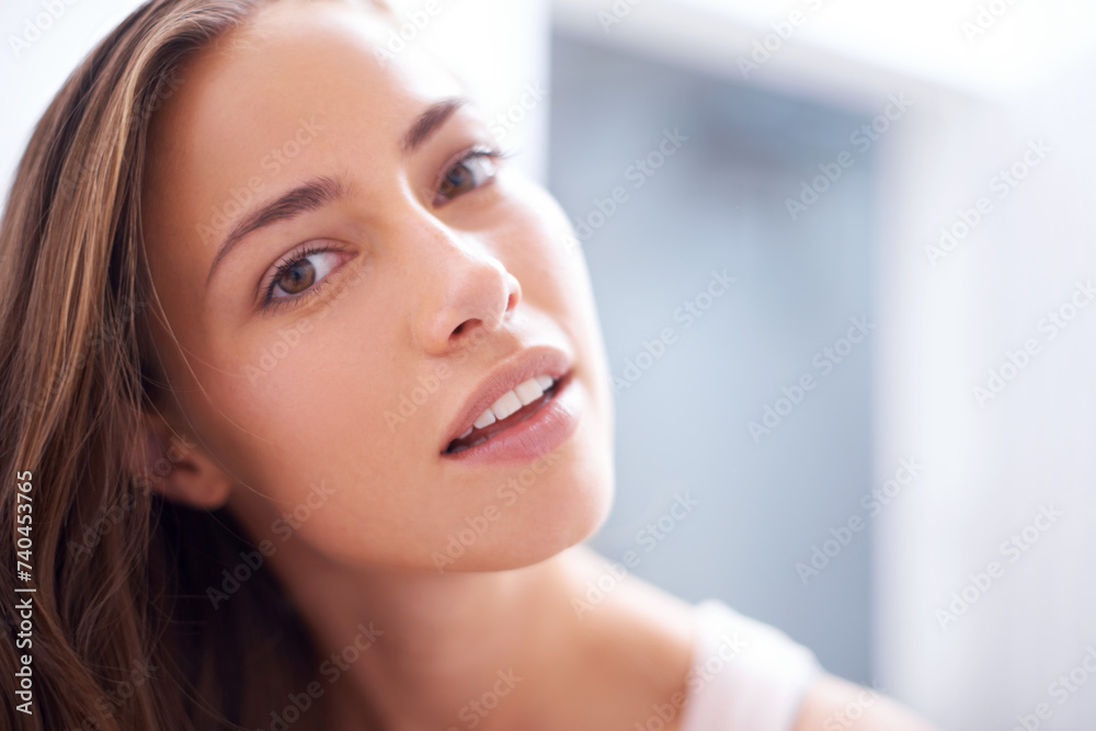 Portrait, beauty and morning with woman in bathroom of home for skincare, cosmetics or hygiene. Face, aesthetic and wellness routine with confident young person in apartment closeup for dermatology Portrait, beauty and morning with woman in bathroom of home for skincare, cosmetics or hygiene. Face, aesthetic and wellness routine with confident young person in apartment closeup for dermatology