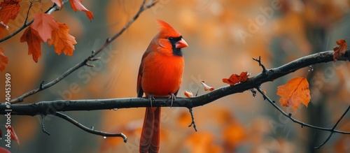 Vibrant red bird perched on lush green branch with colorful leaves in the background