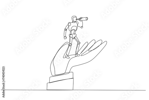 Cartoon of Vector Robot chatbot,AI in science and business stand on support hand look into telescope vision