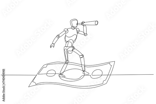Drawing of Vector Robot chatbot,AI in science and business riding flying banknote money using spyglass