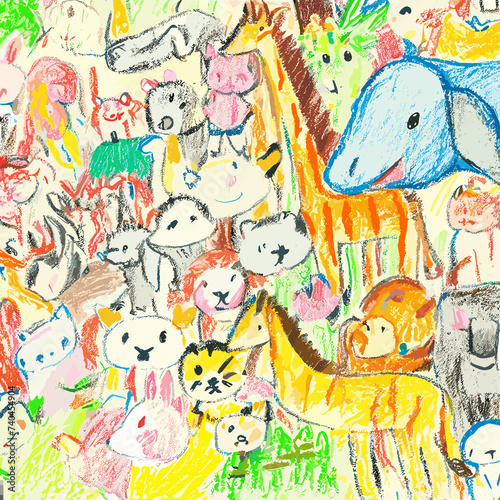 many types of animal drawing childish artwork with crayons, giraffe, elephant, snd many more